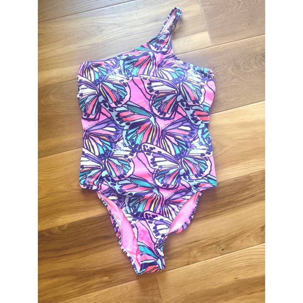 Kurt Geiger London One Shoulder Butterfly Print Swimsuit Eagle Head Pink Medium